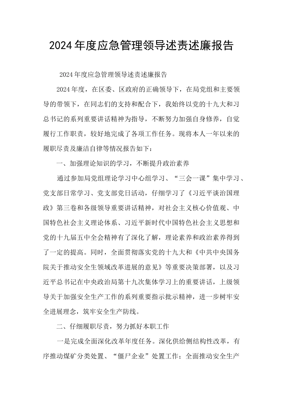 2024年度应急管理领导述责述廉报告_第1页