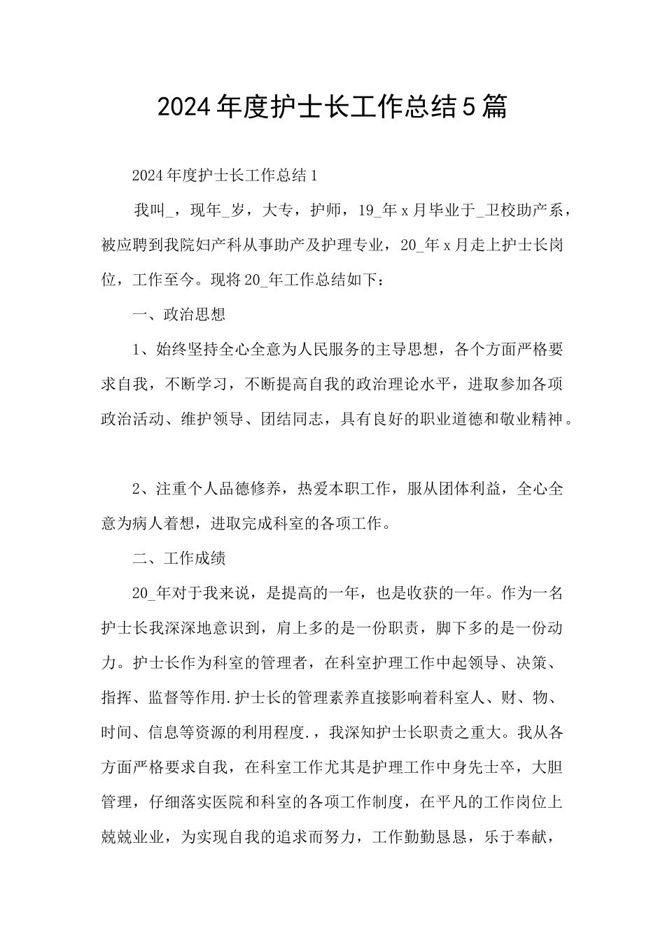 2024年度护士长工作总结5篇_第1页
