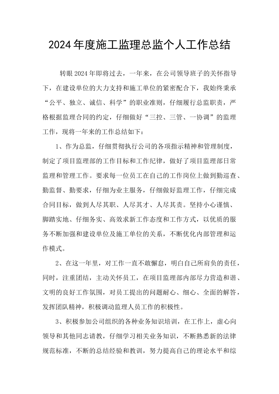 2024年度施工监理总监个人工作总结_第1页