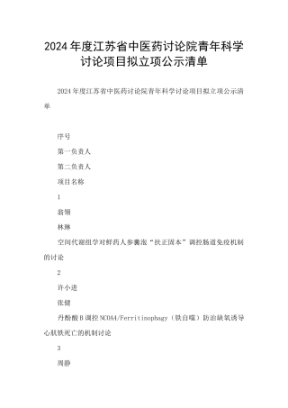 2024年度江苏省中医药研究院青年科学研究项目拟立项公示清单