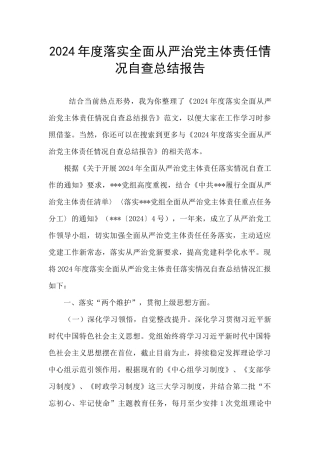 2024年度落实全面从严治党主体责任情况自查总结报告