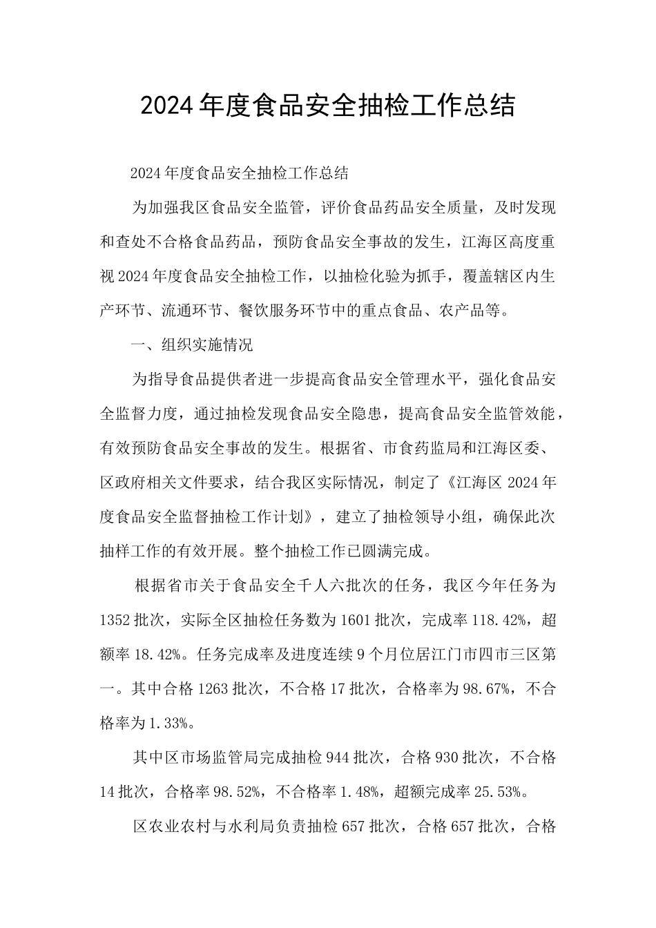 2024年度食品安全抽检工作总结_第1页