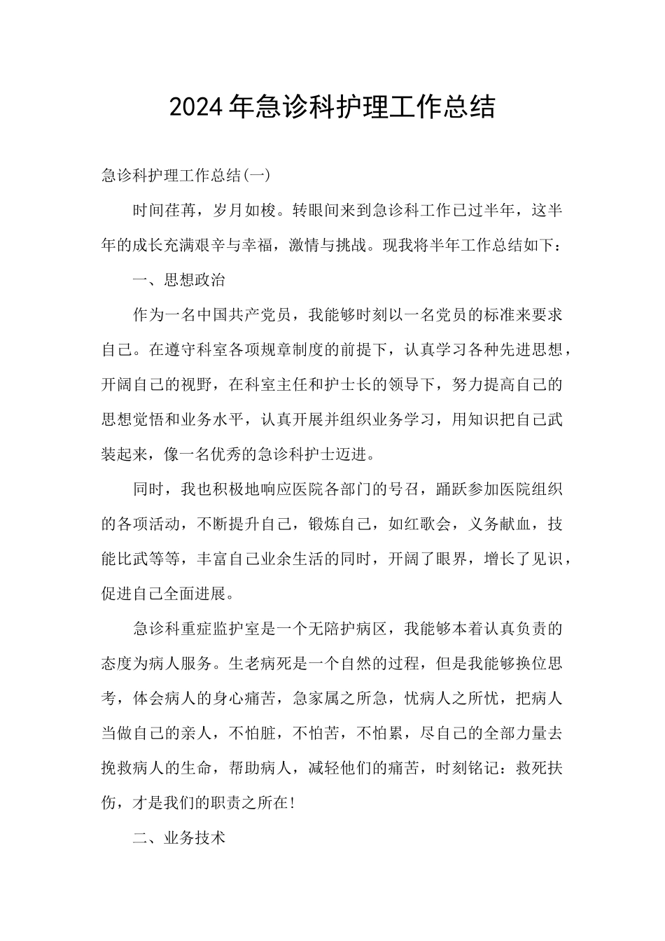 2024年急诊科护理工作总结_第1页