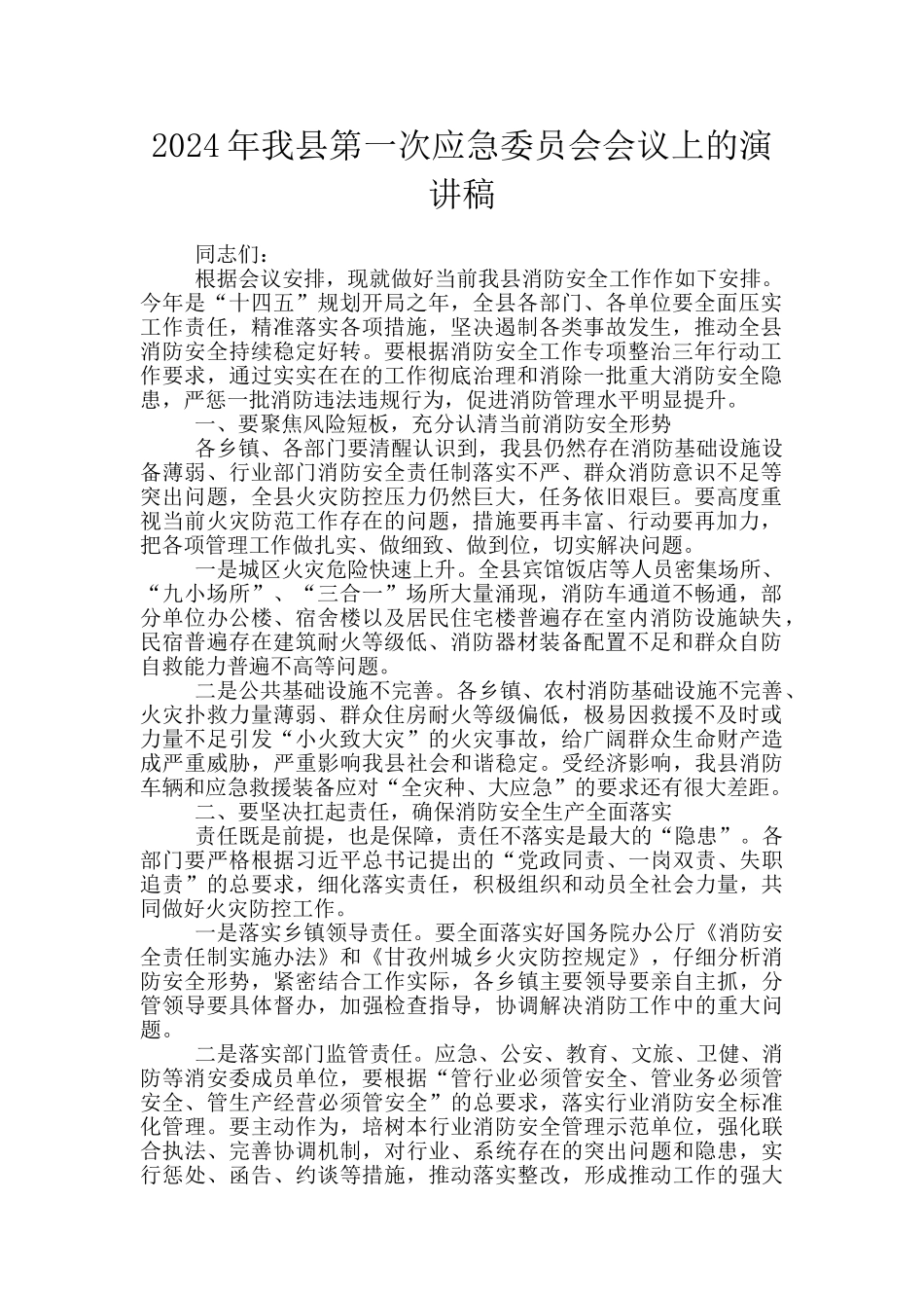 2024年我县第一次应急委员会会议上的演讲稿_第1页