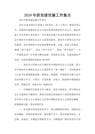 2024年抓党建党廉工作重点
