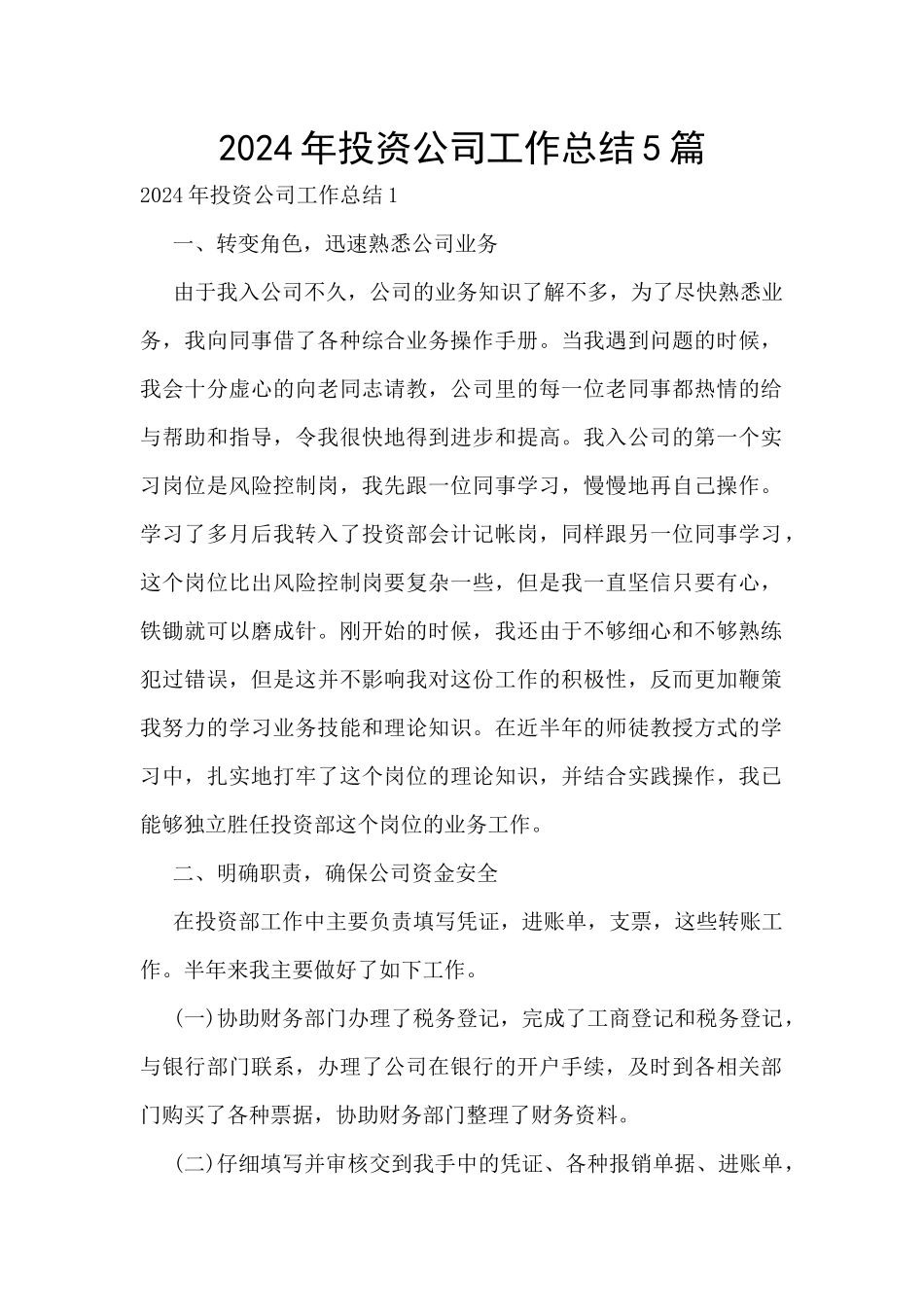 2024年投资公司工作总结5篇_第1页