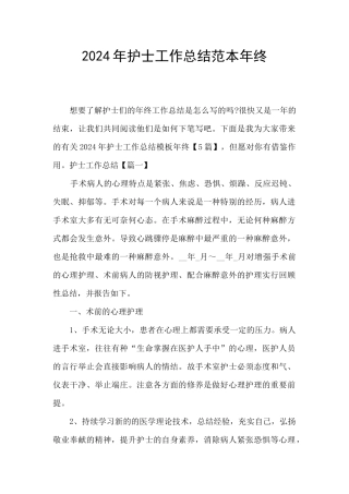 2024年护士工作总结范本年终