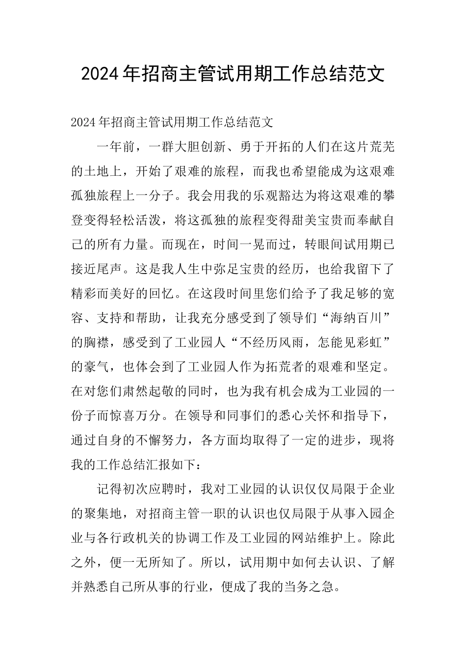 2024年招商主管试用期工作总结范文_第1页