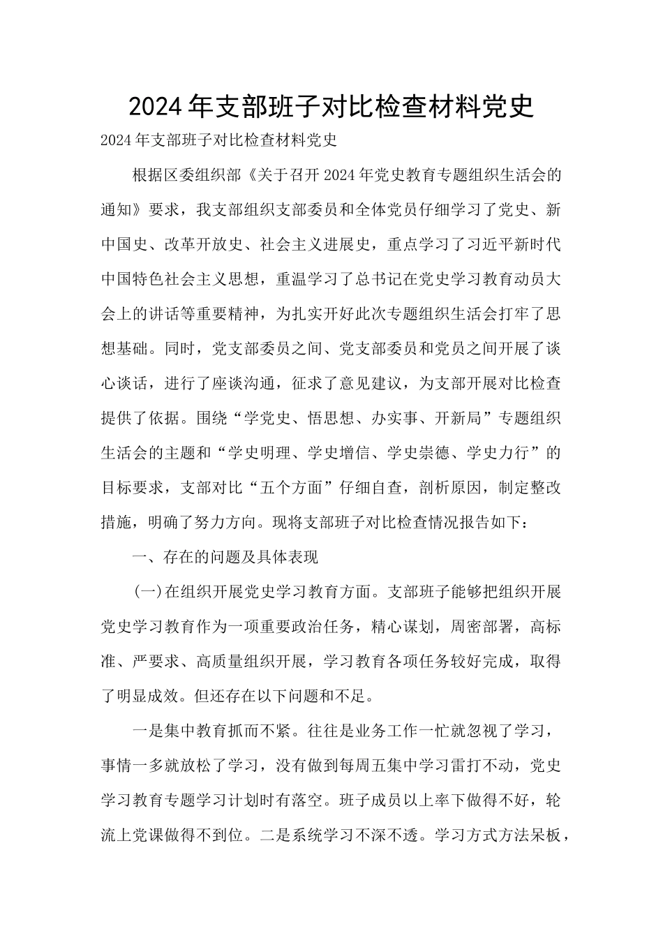 2024年支部班子对照检查材料党史_第1页