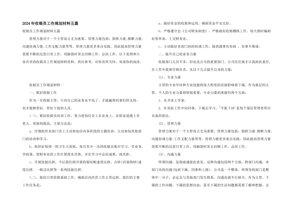 2024年收银员工作规划材料五篇_第1页