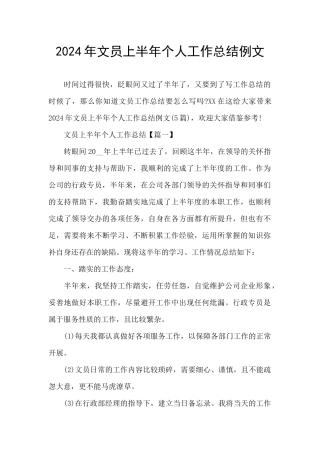 2024年文员上半年个人工作总结例文