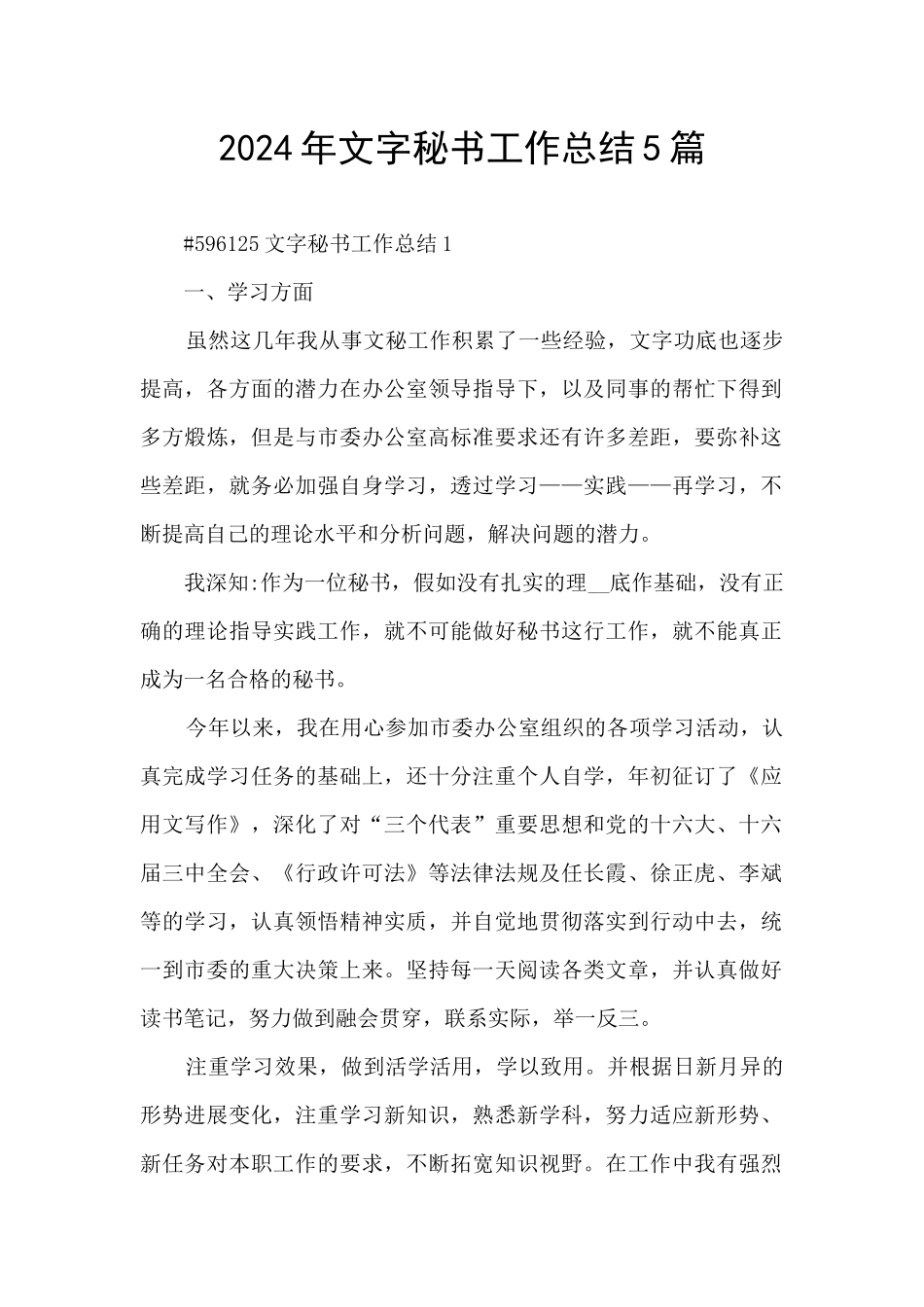 2024年文字秘书工作总结5篇_第1页