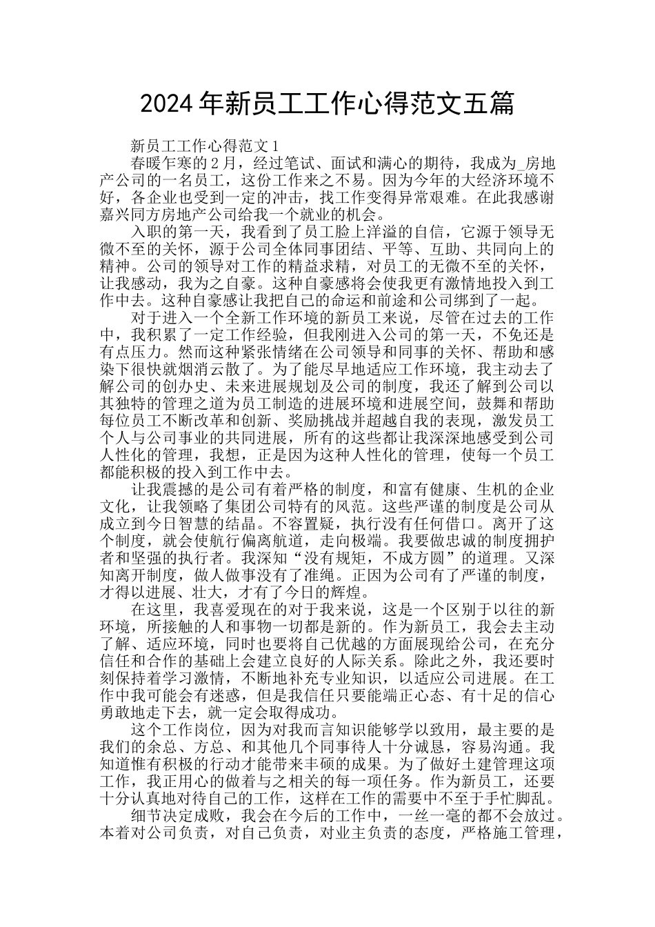 2024年新员工工作心得范文五篇_第1页