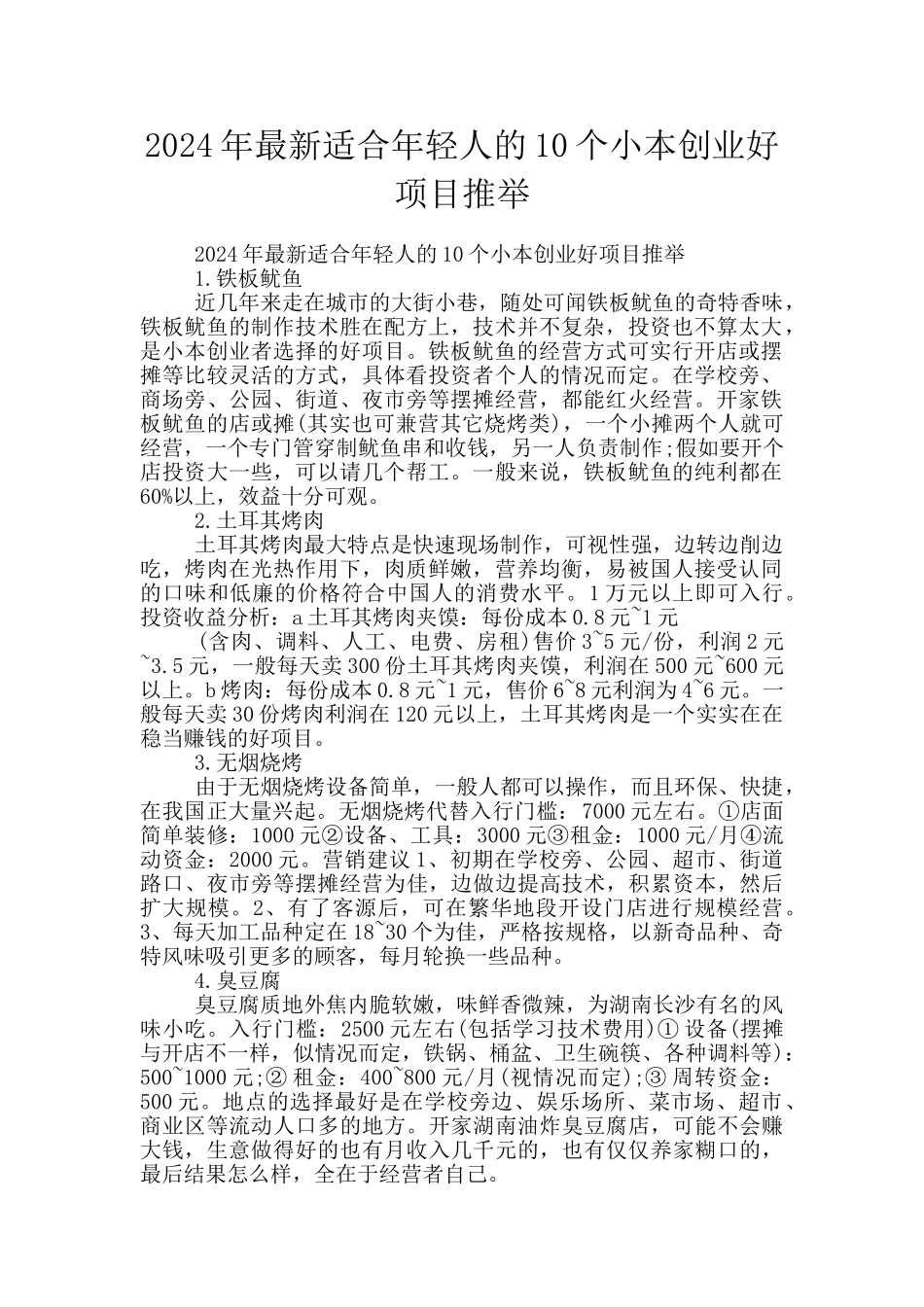 2024年最新适合年轻人的10个小本创业好项目推荐_第1页