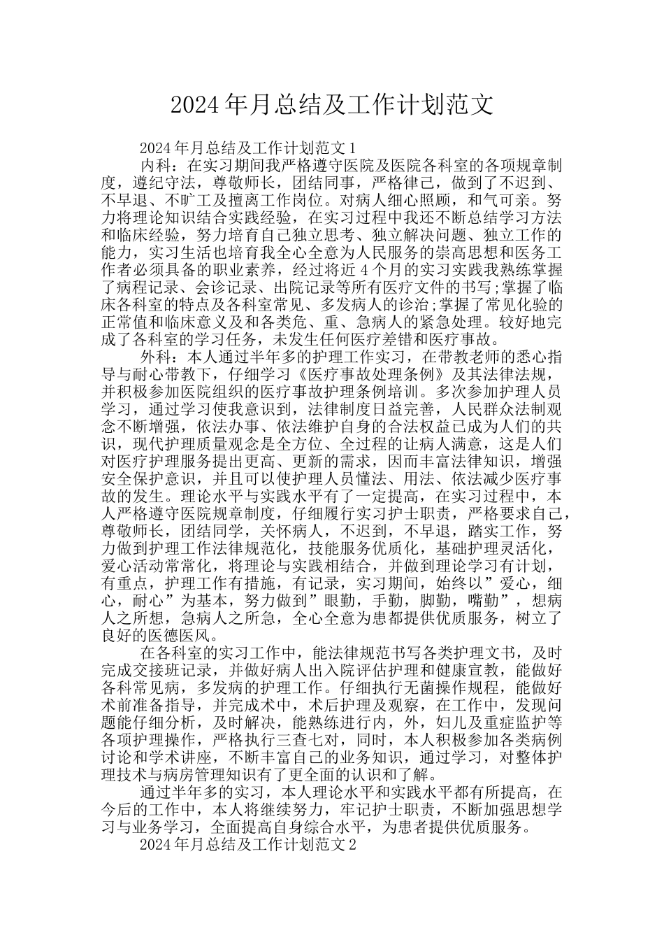 2024年月总结及工作计划范文_第1页