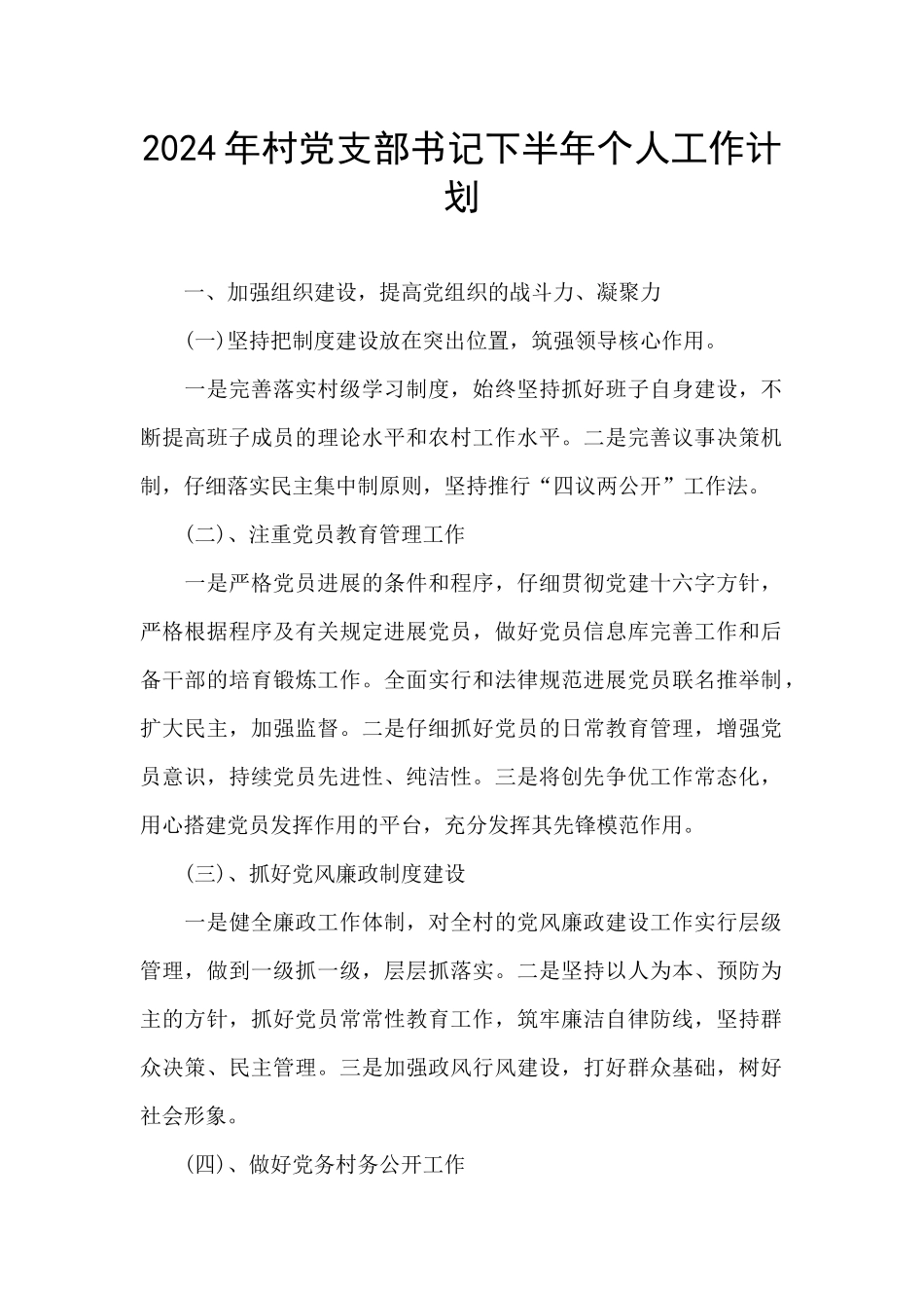 2024年村党支部书记下半年个人工作计划_第1页