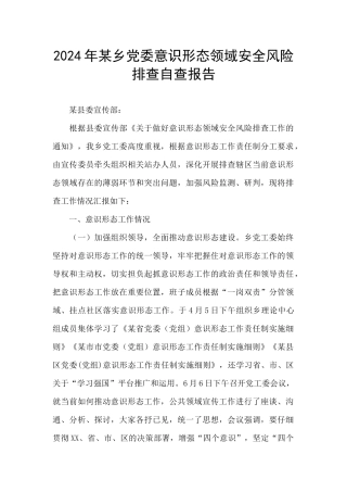 2024年某乡党委意识形态领域安全风险排查自查报告