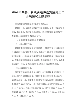 2024年某县、乡镇街道防返贫监测工作开展情况汇报总结