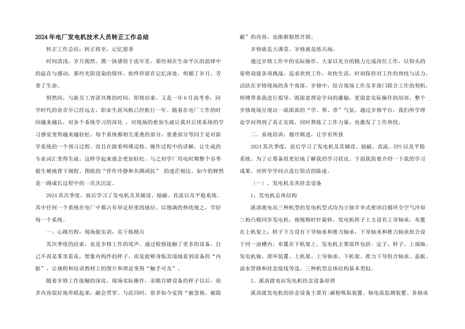 2024年电厂发电机技术人员转正工作总结_第1页