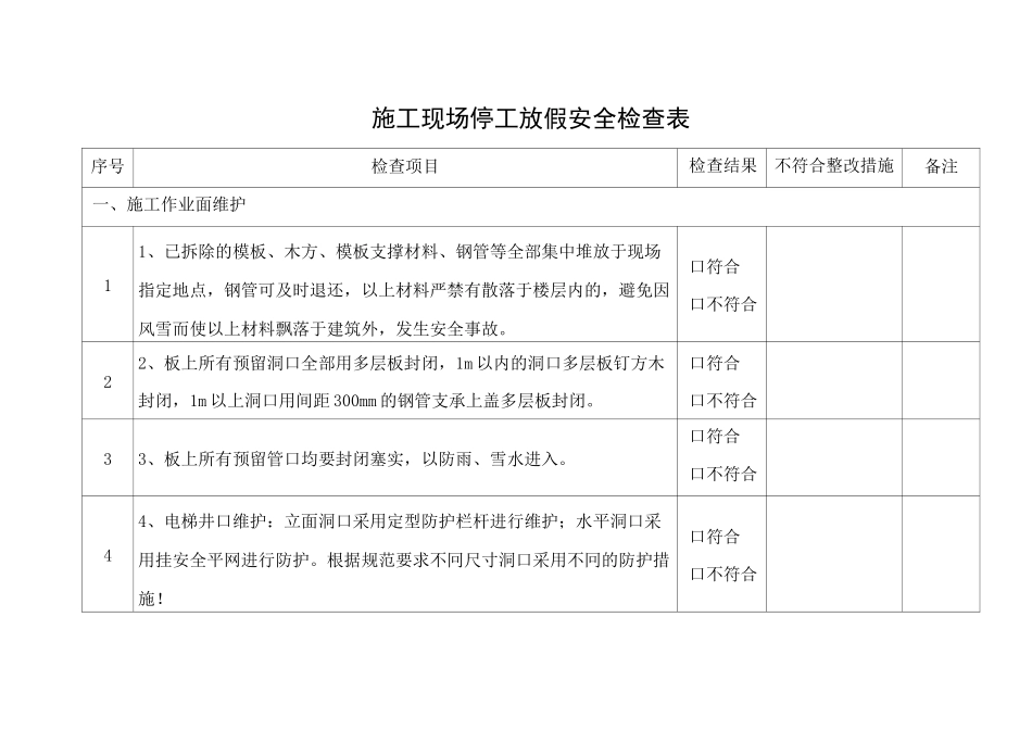 施工现场停工放假安全检查表_第1页