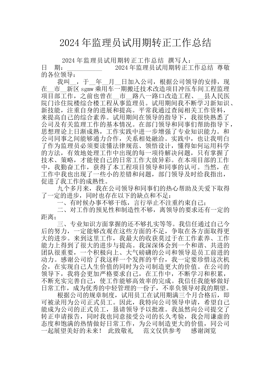 2024年监理员试用期转正工作总结_第1页
