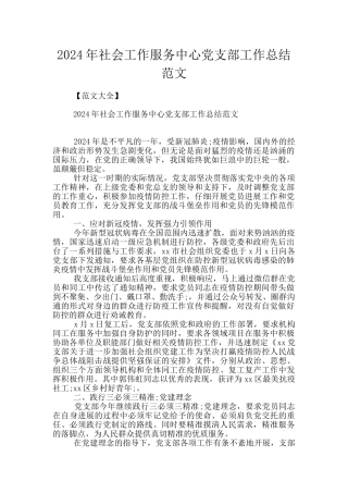 2024年社会工作服务中心党支部工作总结范文