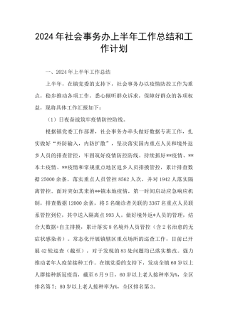 2024年社会事务办上半年工作总结和工作计划