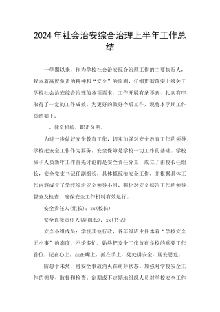 2024年社会治安综合治理上半年工作总结