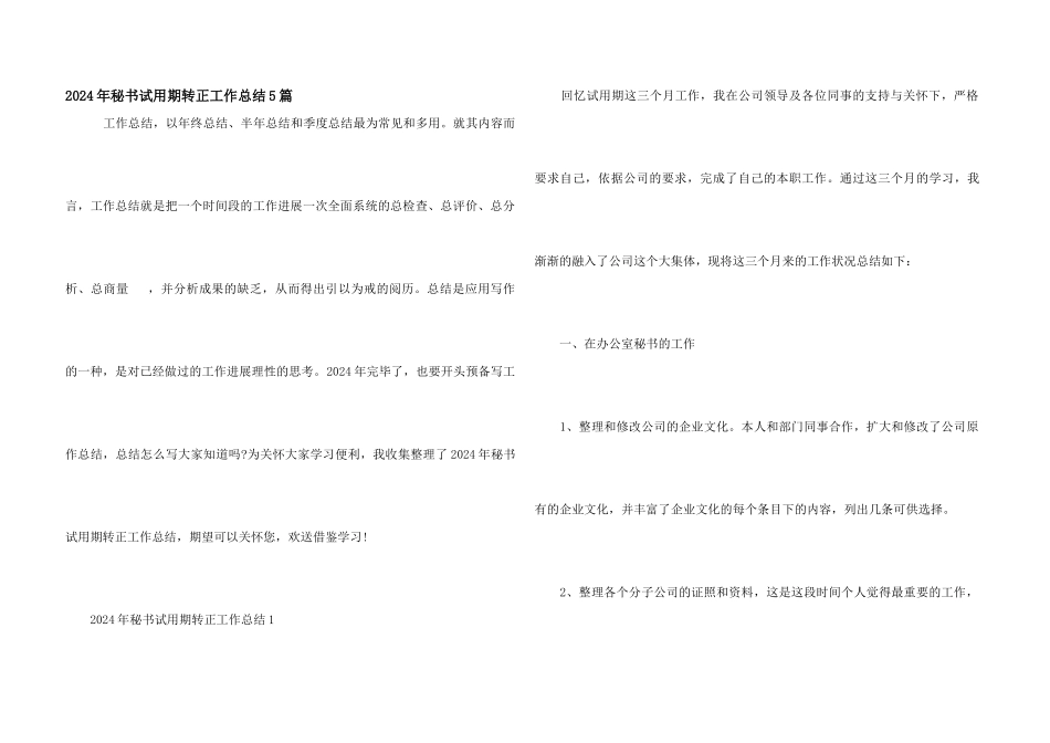 2024年秘书试用期转正工作总结5篇_第1页