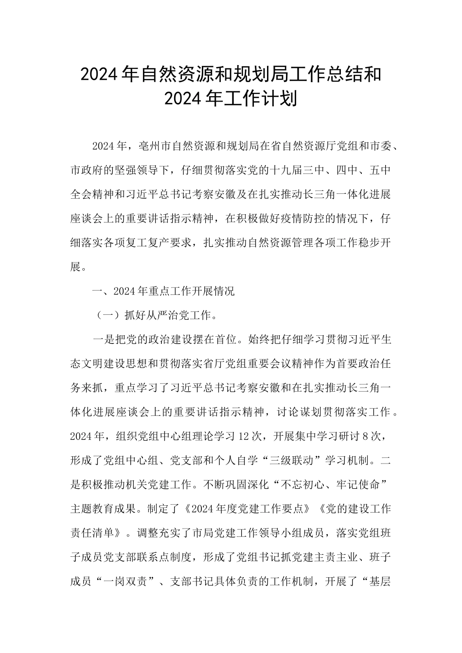 2024年自然资源和规划局工作总结和2024年工作计划_第1页