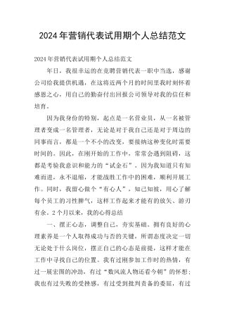 2024年营销代表试用期个人总结范文