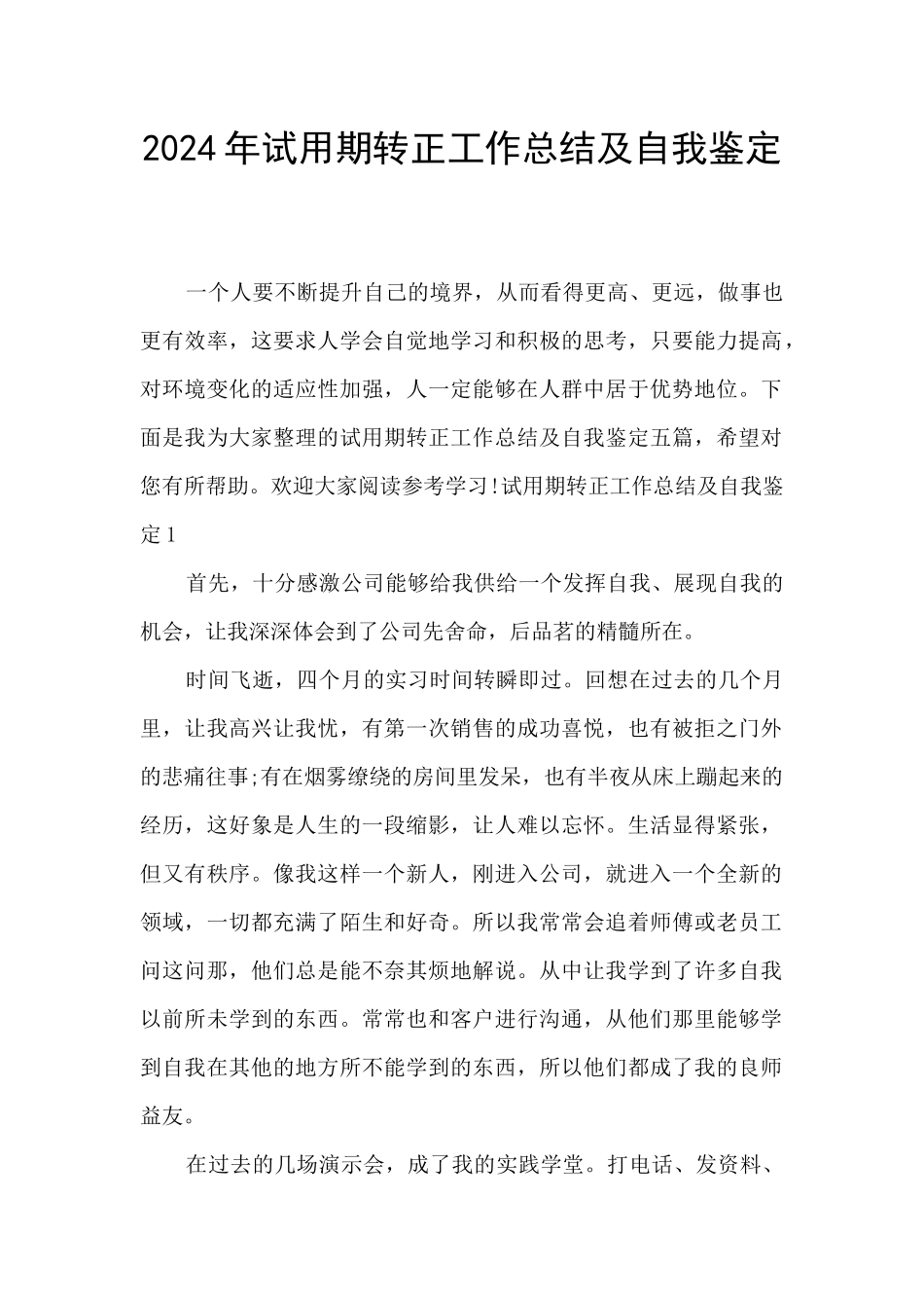 2024年试用期转正工作总结及自我鉴定_第1页
