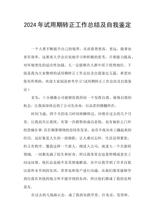 2024年试用期转正工作总结及自我鉴定
