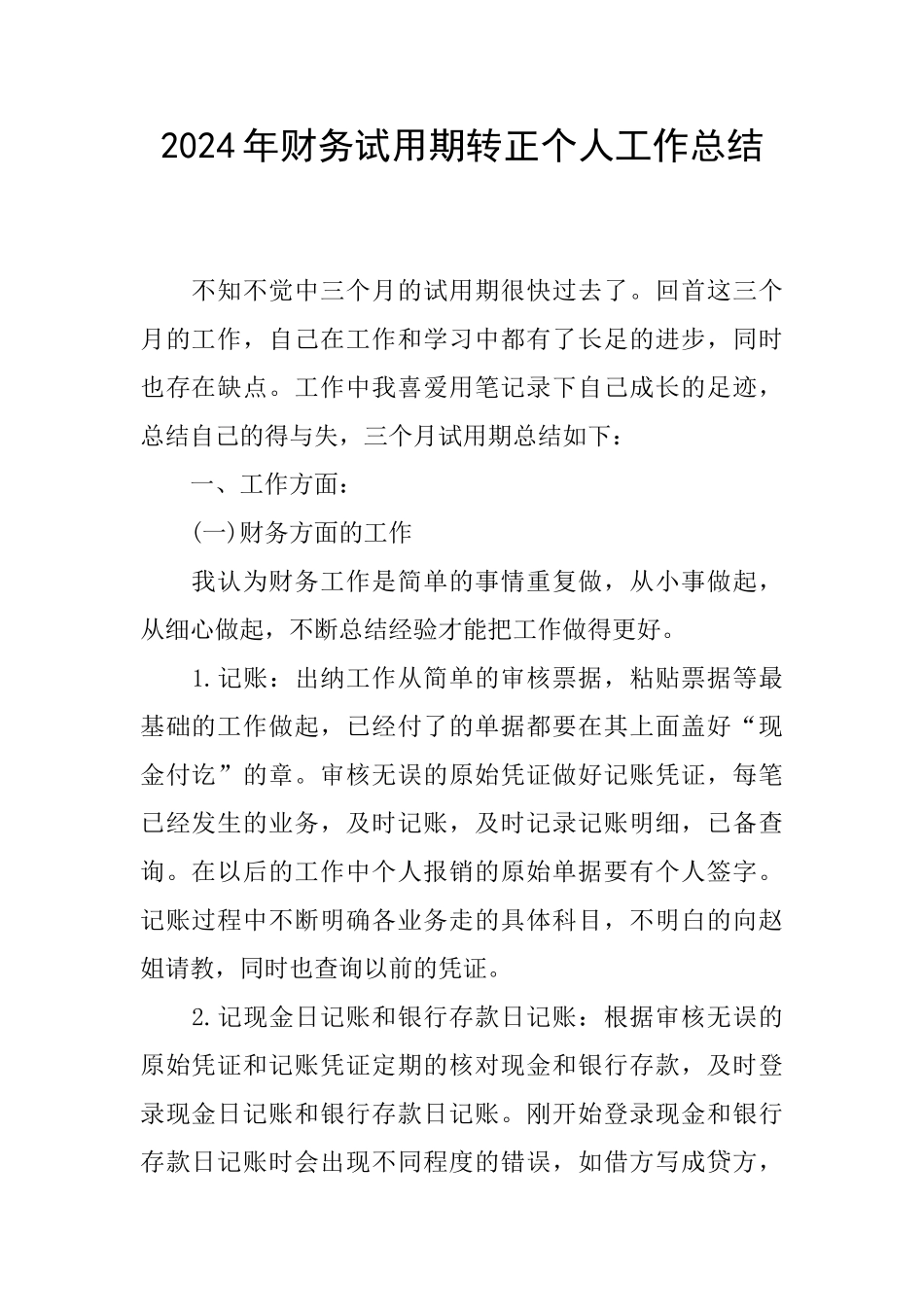 2024年财务试用期转正个人工作总结_第1页
