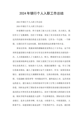 2024年银行个人入职工作总结