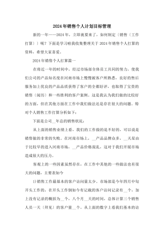 2024年销售个人计划目标管理