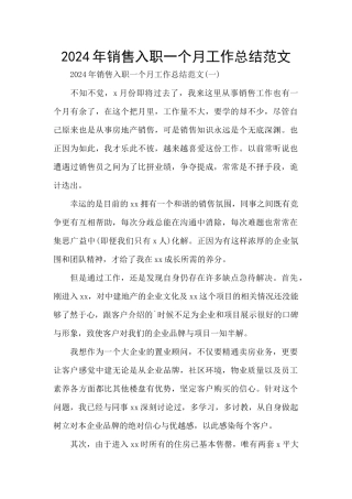 2024年销售入职一个月工作总结范文