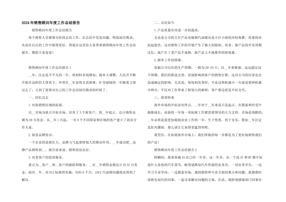 2024年销售顾问年度工作总结报告_第1页