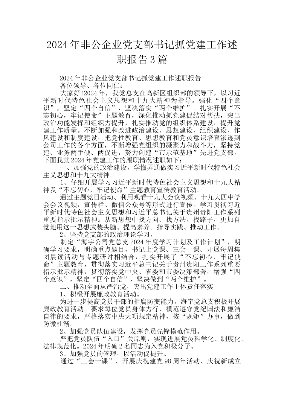 2024年非公企业党支部书记抓党建工作述职报告3篇_第1页