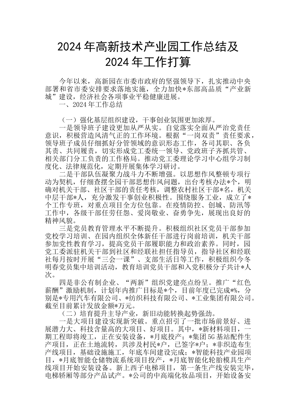 2024年高新技术产业园工作总结及2024年工作打算_第1页