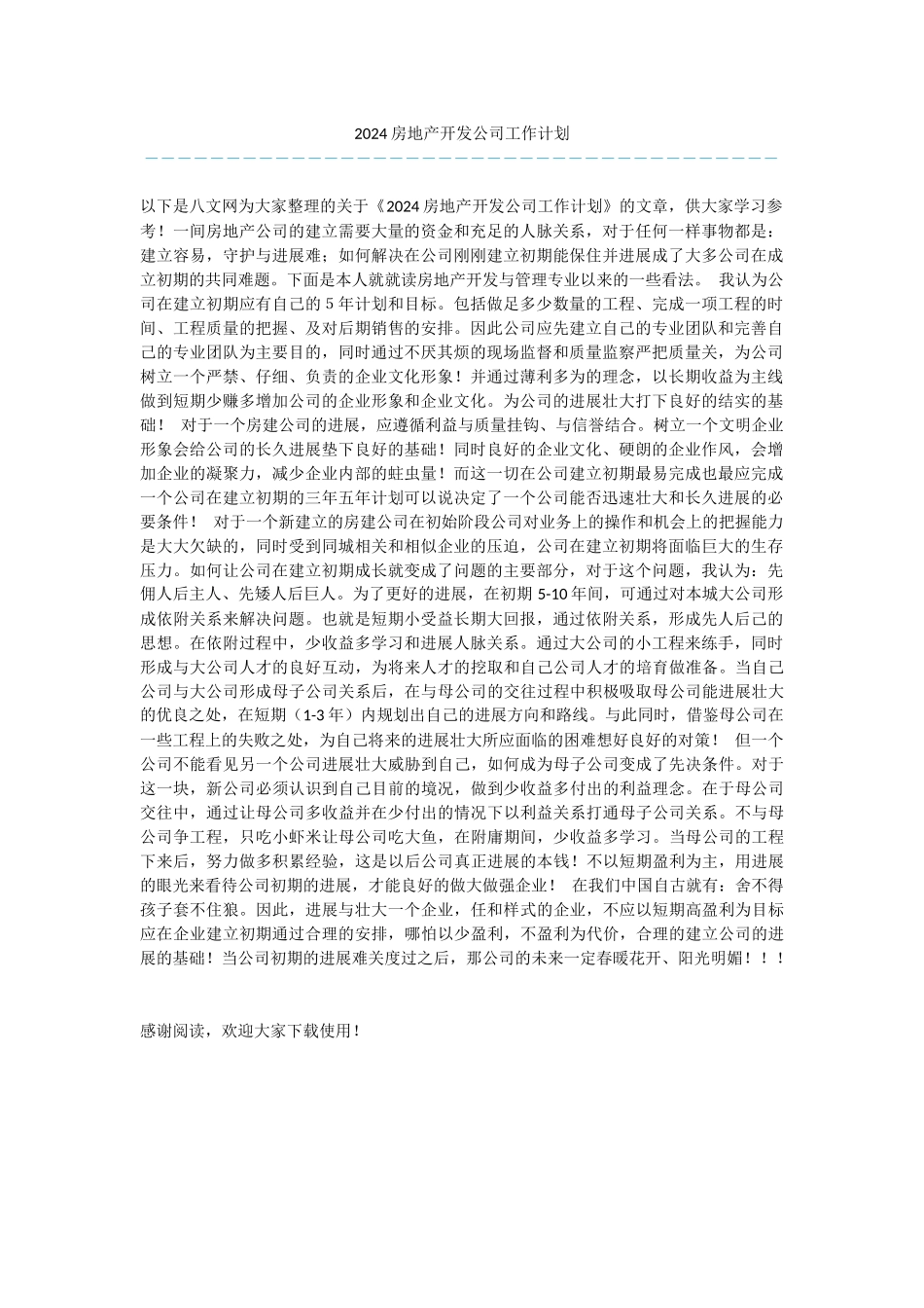 2024房地产开发公司工作计划_第1页