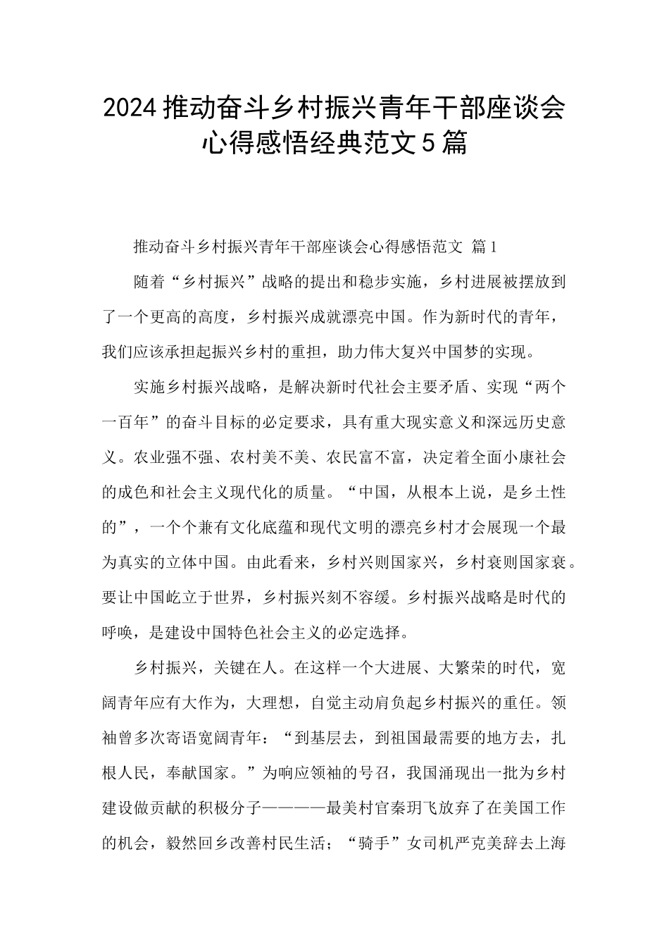 2024推动奋斗乡村振兴青年干部座谈会心得感悟经典范文5篇_第1页