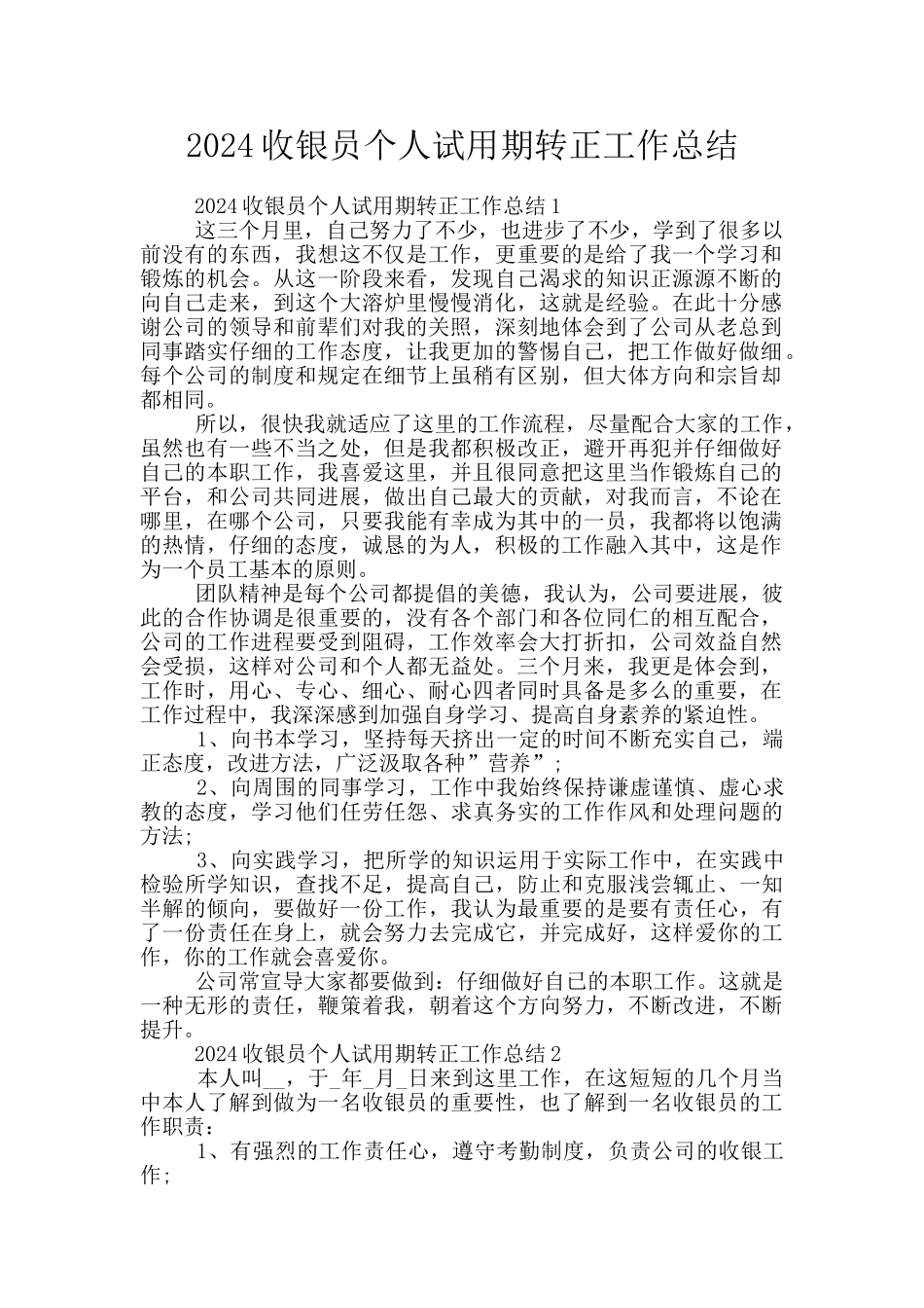 2024收银员个人试用期转正工作总结_第1页