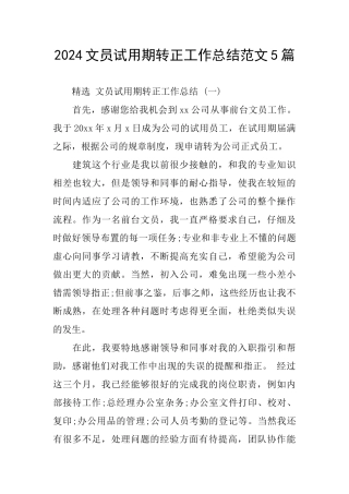 2024文员试用期转正工作总结范文5篇