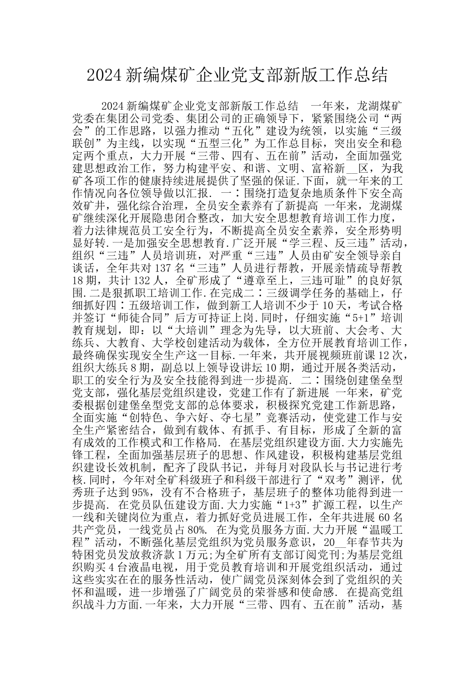 2024新编煤矿企业党支部新版工作总结_第1页