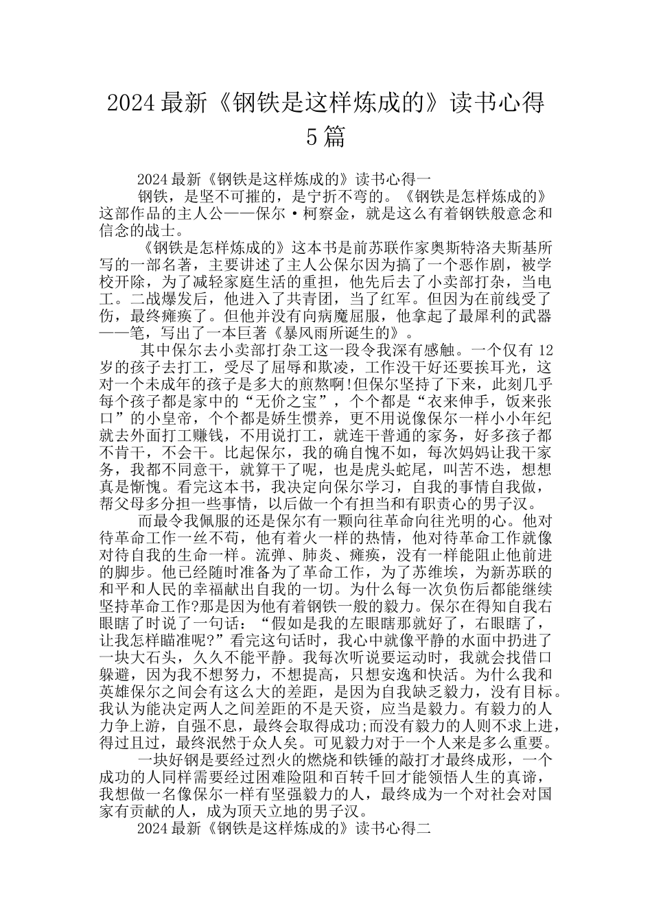 2024最新《钢铁是这样炼成的》读书心得5篇_第1页
