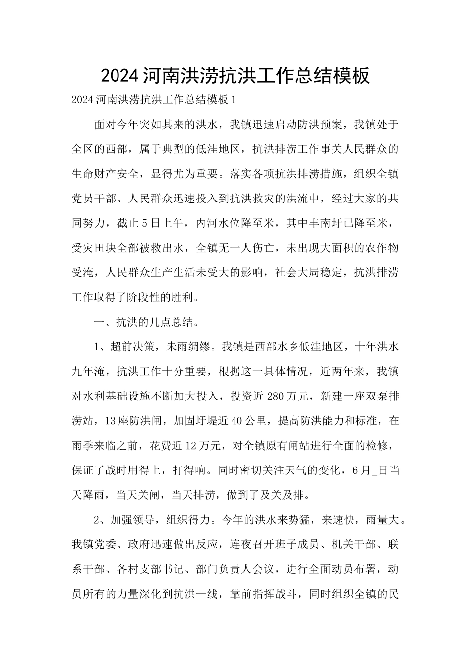 2024河南洪涝抗洪工作总结模板_第1页