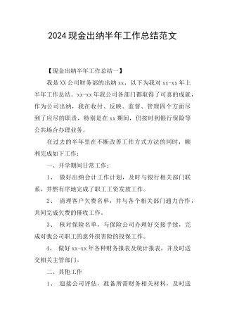 2024现金出纳半年工作总结范文