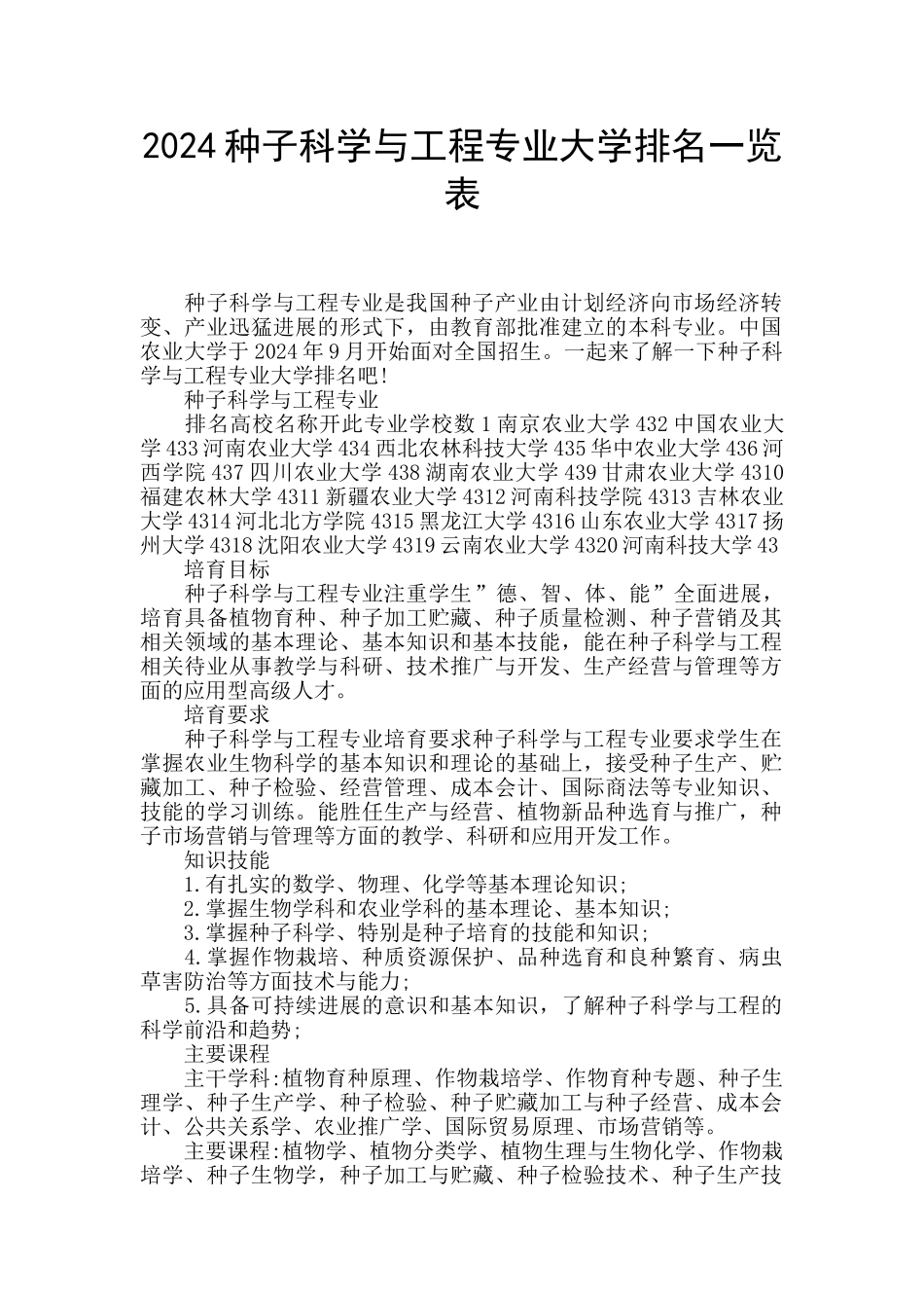 2024种子科学与工程专业大学排名一览表_第1页