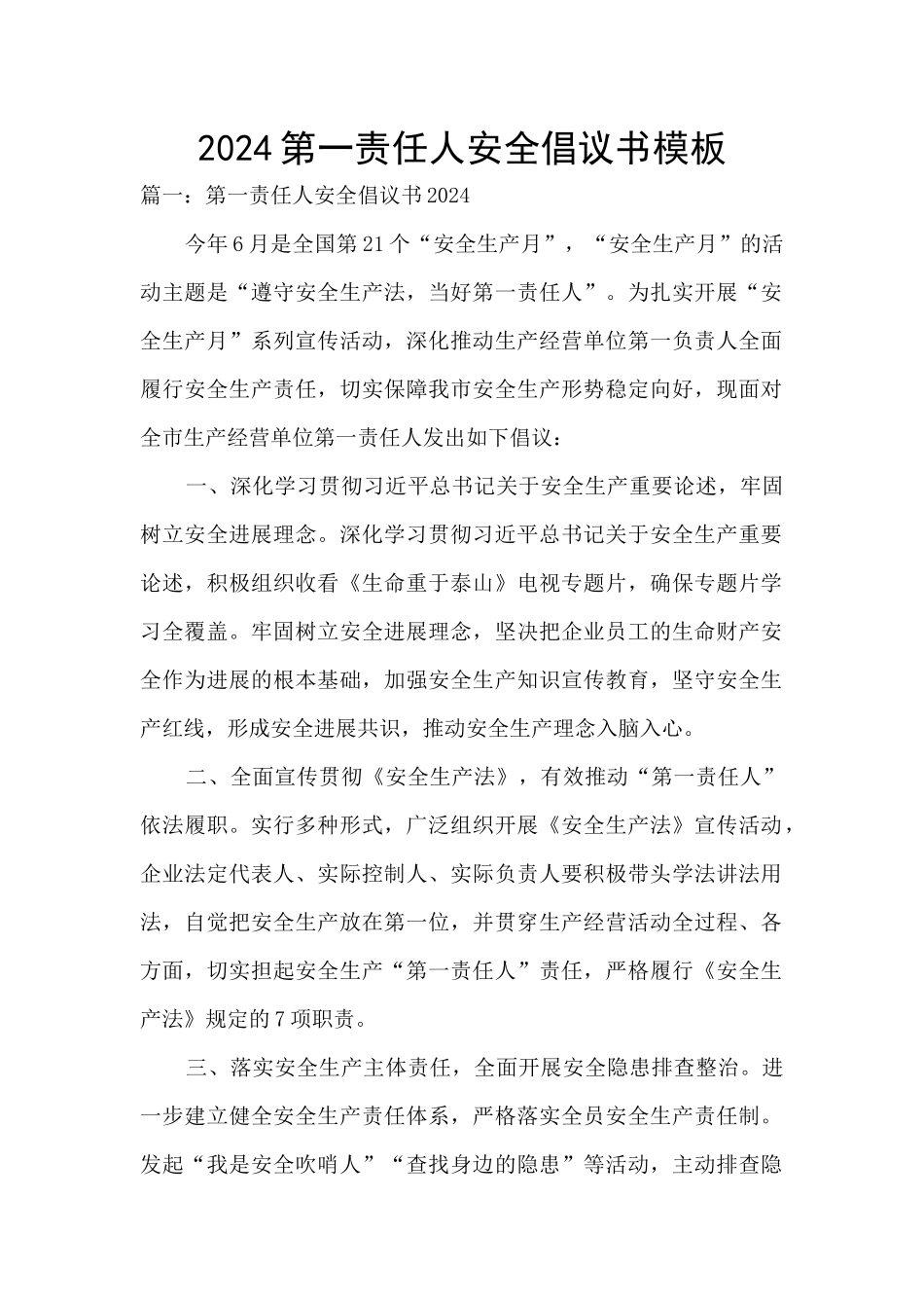 2024第一责任人安全倡议书模板_第1页